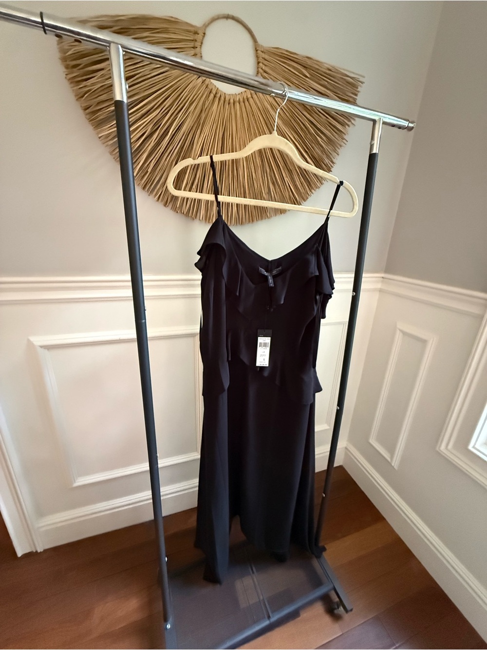 BCBG Black Midi Slip Dress with Ruffle Details